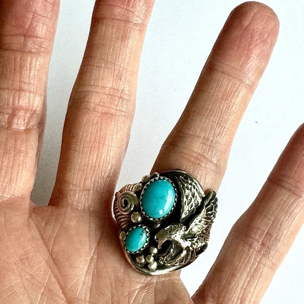 Navajo‎ Eagle Mens Ring Turquoise Sz 11 Signed DM Sterling Native American USA
